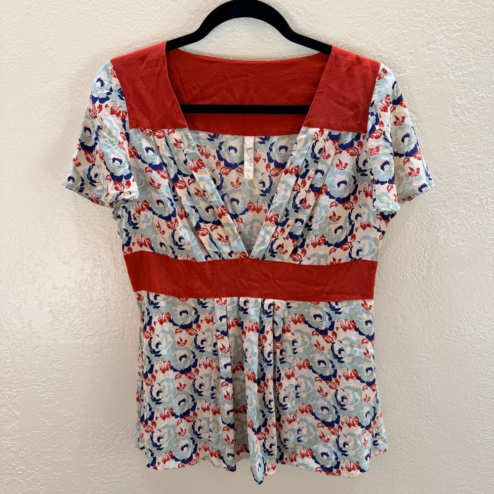 VTG Fossil Womens L 100% Silk Floral Empire Waist V-Neck Short Sleeve Top y2k